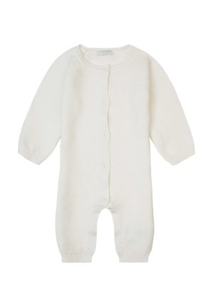 Weißer gestrickter Babyoverall mit langen Ärmeln, rundem Ausschnitt, Knopfverschluss vorne und gerippten Bündchen. Sanfte Textur, minimalistisches Design.