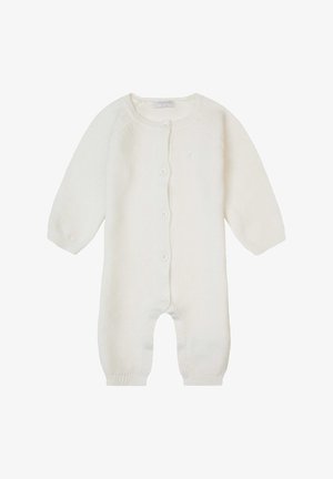 Weißer gestrickter Babyoverall mit langen Ärmeln, rundem Ausschnitt, Knopfverschluss vorne und gerippten Bündchen. Sanfte Textur, minimalistisches Design.