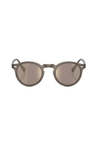Occhiali da sole con lenti rotonde di colore marrone e montatura grigia opaca. Tra le caratteristiche ci sono un connettore per il ponte e aste sottili.
