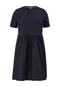 Robe bleu marine à manches courtes et corsage ajusté. Jupe évasée et froncée. Confectionnée en tissu de coton doux, design minimaliste.