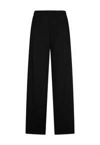 Sorte viddebukser lavet af blødt stof med elastisk linning og liggende læg foran for ekstra detaljer. Glat tekstur, uden lommer.