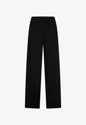 Pantalones anchos negros hechos de tela suave, con cintura elástica y pliegues delanteros que añaden detalle. Textura lisa, sin bolsillos.