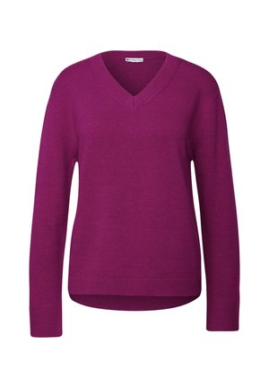 Pull en V violet en tissu tricoté doux, avec des manches longues et une coupe décontractée, doté d'un ourlet et de poignets côtelés.