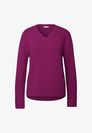 Pull en V violet en tissu tricoté doux, avec des manches longues et une coupe décontractée, doté d'un ourlet et de poignets côtelés.