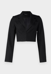 Svart cropped blazer med lange ermer, skarpe klaffer og subtile stikninger på forsiden. Laget av et glatt, ensfarget stoff.