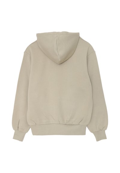 Felpa con cappuccio beige a maniche lunghe, con polsini e vita a coste, mostrata da dietro su uno sfondo bianco.