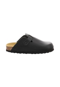 Black slip-on clog with a smooth plastic upper, cork midsole, and rubber outsole. Features a side strap and rounded toe design.