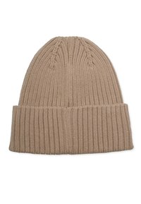Strikket beige hue med en ribbet kant. Har et tekstureret mønster på toppen og et blødt, strækbart materiale. Standard hueform.