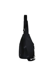 Borsa a tracolla nera con un design elegante e curvo. Realizzata in materiale liscio, presenta una tasca con zip, una tracolla regolabile e dettagli in metallo.