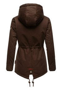 Brown parka jacket with a drawstring waist, hood, and contrasting red label; features a smooth texture and a back slit detail.