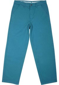 Pantaloni baggy turchesi realizzati in tessuto resistente, con chiusura frontale a bottone, due tasche laterali e una cintura con il testo "ORIGINAL BAGGY".
