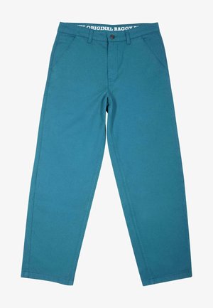 Teal baggy bukser laget av slitesterkt stoff, med knapper i front, to side lommer og en midje med teksten "ORIGINAL BAGGY".