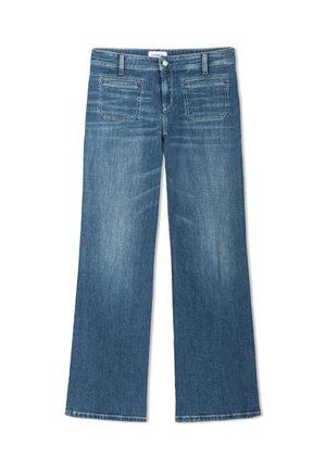 Blaue Jeans aus Denim mit geradem Bein, zwei Fronttaschen mit Reißverschlüssen und einem Knopfverschluss in der Taille.