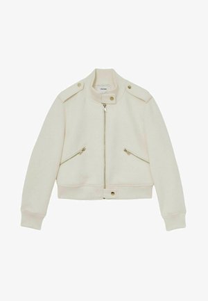 Biela skrátená bunda vyrobená z jemnej tkaniny, so zipsom, dvoma prednými vreckami so zipsom a ramennými epauletami so zacvakávacími zapínaním.