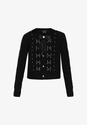 Černý pletený kardigan s dlouhými rukávy, perlovými akcenty, předním detailem mašle a zapínáním na knoflíky. Obsahuje texturovaný vzor po celém povrchu.