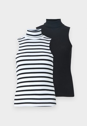 To skjortler uden ærmer: én hvid med sorte striber, den anden ensfarvet sort. Blødt ribbet stof, tætsiddende pasform, ingen yderligere detaljer.