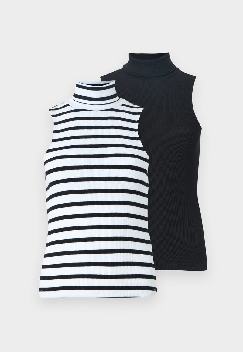 Due maglie senza maniche a collo alto: una bianca con strisce nere, l'altra nera uniforme. Tessuto a costine morbido, forma aderente, senza dettagli aggiuntivi.