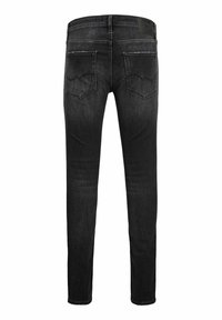Jeans de mezclilla negra de corte ajustado, que presentan dos bolsillos traseros, detalles de costura sutiles y una textura suave. Cintura sencilla sin adornos.