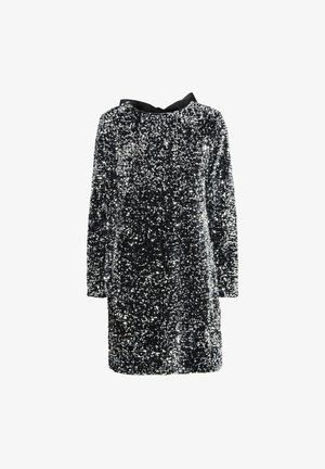 Robe noire à sequins avec des manches longues et un col rond. Présente un ruban en satin noir à l'arrière pour un détail. Texture brillante sur le tissu.