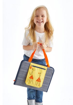 Stripes blue backpack with yellow pocket featuring two giraffes with red accents. Bright orange straps. Textured fabric, sturdy design.
