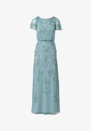 Jasnoniebieska, długa do ziemi sukienka z krótkimi falbankowymi rękawami, kwiatowym haftem i warstwowym projektem gorsetu.
