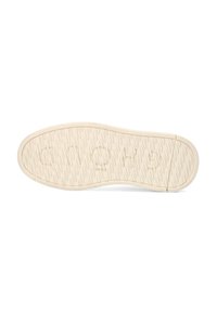 Lichtbeige rubberen zool met een gestructureerd patroon en een reliëflogo. Gladde afwerking met een ronde vorm en subtiele verhoogde accenten.
