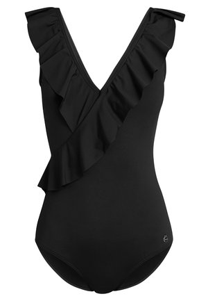 Μαύρο ολόσωμο μαγιό με βαθύ V ντεκολτέ και ασύμμετρη λεπτομέρεια ρίγας σε έναν ώμο. Φτιαγμένο από απαλό, ελαστικό ύφασμα.