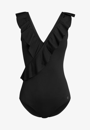 Costum de baie întreg negru, cu decolteu adânc în V și detaliu asimetric cu volan pe o umăr. Fabricat dintr-un material neted, elastic.
