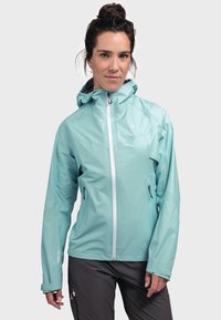 Light blue waterproof jacket with a full zipper, adjustable hood, and zippered pockets. Features smooth texture and fitted design.