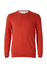 Roter Pullover mit Rundhalsausschnitt und langen Ärmeln, Bündchen und Saum mit Rippstrick, kleines gesticktes Logo auf der linken Brust, unstrukturierte Stricktextur.