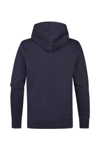 Navy blauwe hoodie met lange mouwen, gemaakt van zacht materiaal, met een effen kleurontwerp en geribde zoom en manchetten.