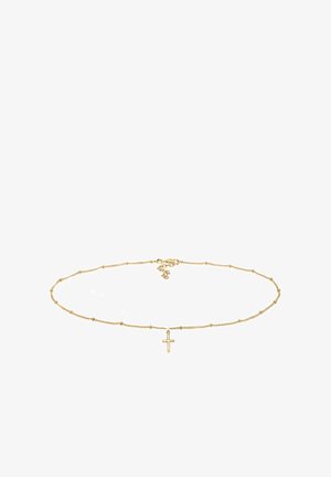 Colier din aur cu mărgele rotunde mici și un pandantiv central în formă de cruce. Design delicat cu închidere tip claw.