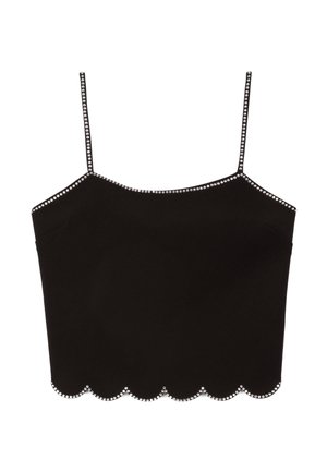 Sort cropped top med bølget kant, pyntet med sølvnitter langs halsudskæring og stropper. Fremstillet af glat stof og har justerbare spaghetti-stropper.