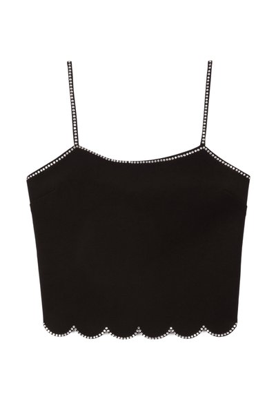 Schwarzes, kurz geschnittenes Top mit gewelltem Saum, verziert mit silbernen Nieten entlang des Halsausschnitts und der Träger. Hergestellt aus glattem Stoff, mit verstellbaren Spaghettiträgern.