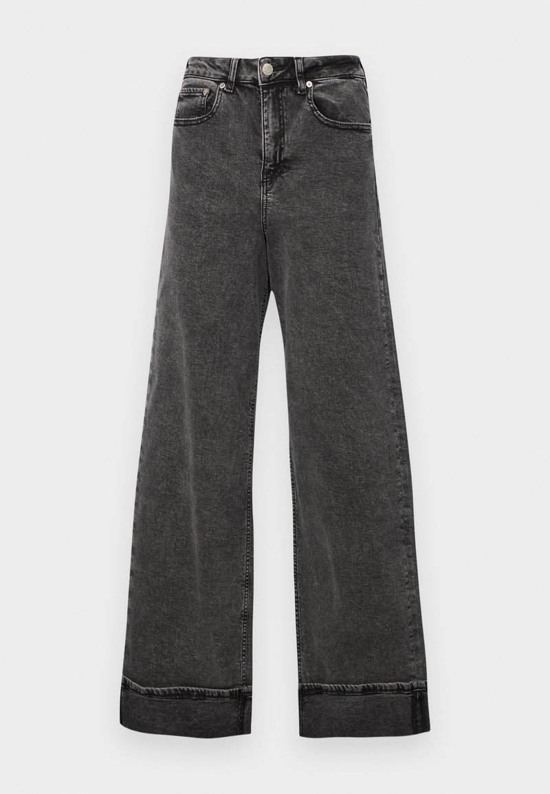 Weite, hoch taillierte schwarze Jeans aus Denim, mit Knopfverschluss, fünf Taschen und rohen Säumen an den Knöcheln.