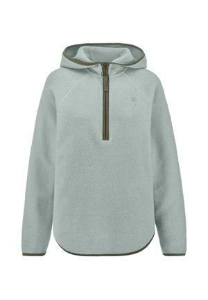 Hellblauer Fleecepullover mit Kapuze, vorderem Halbreißverschluss und olivgrünem Besatz an Reißverschluss, Kapuzenrand, Bündchen und Saum.