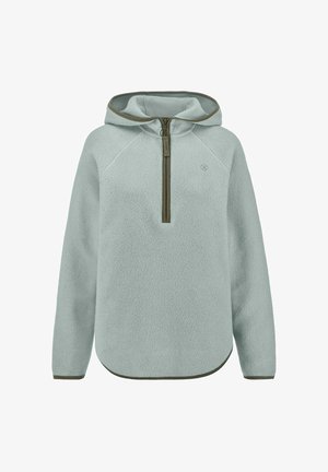 Hellblauer Fleecepullover mit Kapuze, vorderem Halbreißverschluss und olivgrünem Besatz an Reißverschluss, Kapuzenrand, Bündchen und Saum.