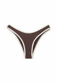 Ruskea bikinialaosa, jossa on kontrastivärinen valkoinen reunus, korkea leikkaus ja sileä pinta, ihanteellinen uimapukeutumiseen.