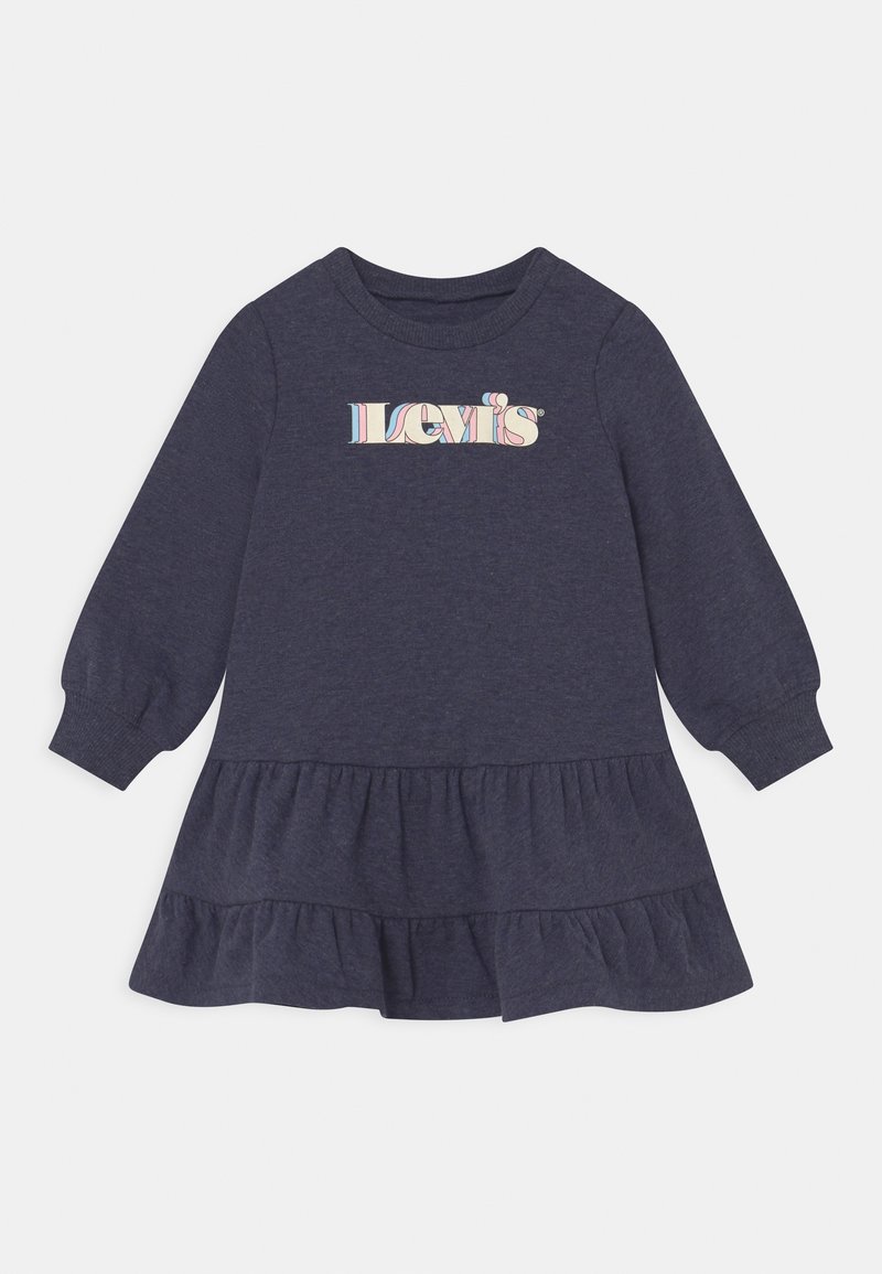 Robe bleu marine à manches longues en tissu doux, avec un ourlet froncé et un logo "Levi's" multicolore sur la poitrine.