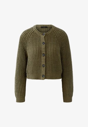Olive green chunky knit cardigan with long sleeves, ribbed cuffs and hem, round neckline, and five black buttons down the front.