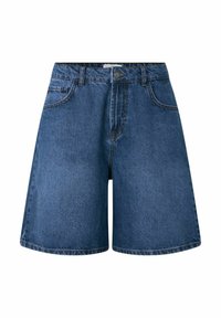 Jeans kratke hlače v temno modri barvi z ohlapnim krojem, pet vrečkami, zankami za pas in kontrastnim šivom ob robovih.