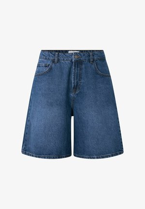 Denim shorts in dark blue with a loose fit, five-pocket design, belt loops, and contrasting stitching along the edges.