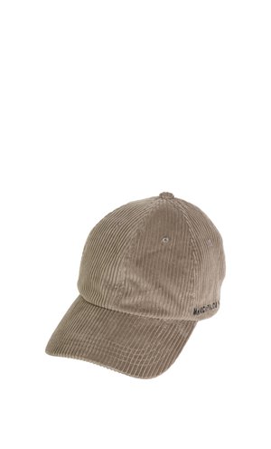 Beige Cord-Baseballkappe mit abgesteppten Paneelen und kleinem gesticktem Text an der Seite, mit gebogenem Schirm und oberem Knopf.