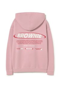 Sudadera con capucha rosa con el logo "BROWNIE" en blanco y rojo, con texto adicional y detalles gráficos. Hecha de material de algodón suave.