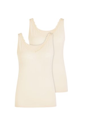 Two beige sleeveless tank tops with lace trim around the scoop necklines, displayed overlapping on a white background.