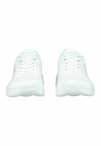 White athletic shoes with mesh and suede details, featuring a light turquoise accent on the tongue and logo, laced closure, and cushioned soles.