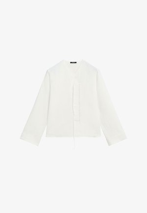 Bílá halenka s dlouhým rukávem, výstřihem do V a středovým svislým volánkem, který se stahuje tenkým šňůrkovým páskem.