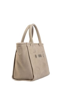 Sac à main en cuir beige avec deux poignées rondes, forme rectangulaire, surpiqûres sur les côtés et un design frontal comportant deux clous en métal.