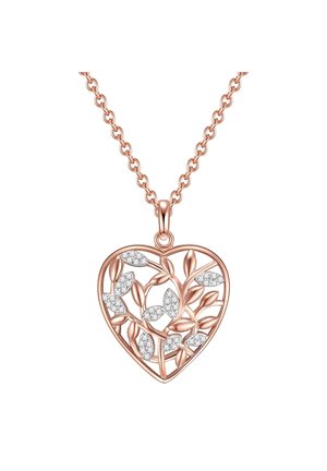 Pendente a forma di cuore in oro rosa con design a foglia filigranata; impreziosito da piccoli strass trasparenti; appeso a una delicata catena.