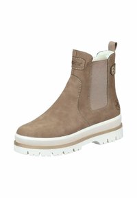 Bottine en cuir marron avec panneaux latéraux élastiques, semelle en caoutchouc blanche et détails de couture. Équipée d'une languette pour un enfilage facile.